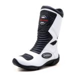 Bota motociclista cano médio couro legítimo semi-impermeável com ajuste em velcro na panturrilha nas cores Branco/Preto 420