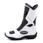 Bota motociclista cano médio couro legítimo semi-impermeável com ajuste em velcro na panturrilha nas cores Branco/Preto 420