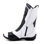 Bota motociclista cano médio couro legítimo semi-impermeável com ajuste em velcro na panturrilha nas cores Branco/Preto 420