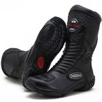 Bota motociclista cano médio couro legítimo semi-impermeável com ajuste em velcro na panturrilha na cor preta 420
