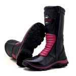 Bota motociclista cano alto resistente a água contra chuva em couro legítimo nas cores preto e rosa 430