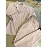 Conjunto Calça e Manga curta Listrado Fino Rosa bebê e Branco