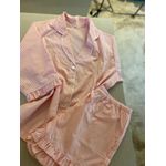 Conjunto Curto Babadinho Listrado Fino Rosa e Branco