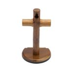Crucifixo Madeira Cilíndrica de mesa 12cm -Eis o Cordeiro de Deus"