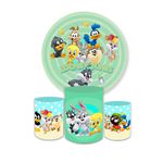 Kit Capa Painel Redondo + Trio Cilindros Decoração Aniversário Baby Looney Tunes Desenho