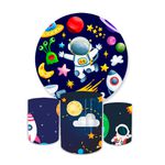 Kit Capa Painel Redondo + Trio Cilindros Decoração Aniversário Festa Infantil Astronauta Galáxia 