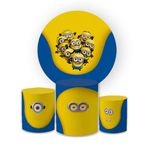 Kit Capa Painel Redondo + Trio Cilindros Decoração Festa Aniversário Infantil Tema Minions Meu Malvado Favorito 
