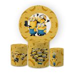 Kit Capa Painel Redondo + Trio Cilindros Decoração Festa Aniversário Infantil Tema Minions Meu Malvado Favorito 
