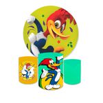 Kit Capa Painel Redondo + Trio Cilindros Decoração Festa Aniversário Infantil Desenho Tema Menino Pica Pau 