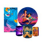 Kit Casadinho Capa Painel Redondo + Retangular + Trio Capas de Cilindro Tema Aladdin Desenho Infantil