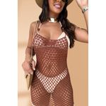 Vestido Crochê Búzios Alça Amarrar Marrom