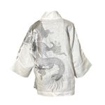 Kimono Yang Linho e Tule Rendado Branco Abraço Do Dragão Prata