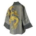 Kimono Yang Linho Coleção Selva Patchwork Abraço do Dragão Ouro