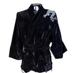 Kimono Jin Veludo Preto Dragão Folk2 Cinza