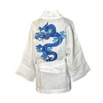 Kimono Yang Linho Branco Dragão Gênesis Azul