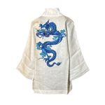 Kimono Yang Linho Branco Dragão Gênesis Azul