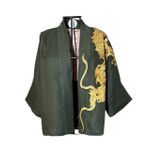 Kimono Yang Linho Verde-Militar Abraço Do Dragão Ouro