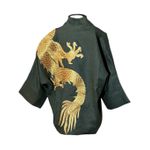 Kimono Yang Linho Verde-Militar Abraço Do Dragão Ouro