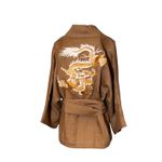 Kimono Yang Linho Capuccino Dragão Folk1 Caramelo