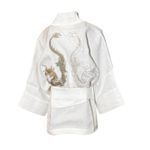 Kimono Yang Linho Off-White Dragões-do-Mar Branco e Ouro-Velho