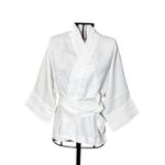 Kimono Yang Linho Off-White Dragões-do-Mar Branco e Ouro-Velho