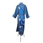 Kimono Yin-Yang Linho Denim Dragão Gigante Azul