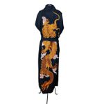 Kimono Yin Linho Azul-Petróleo Dragão Cobre