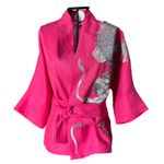 Kimono Yang Linho Pink Abraço Do Dragão Prata 