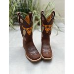 BOTA TEXANA EM COURO MARROM BORDADO TOURO LARANJA