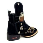 COMBO BOTINA + CINTO EM COURO NOBUCK PRETO BORDADO FLORES + BAINHA + CANIVETE
