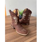 BOTA TEXANA EM COURO MARROM CANO CAPOTINHA BORDADO RAMOS BEGE