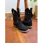 BOTA TEXANA CANO CAPOTINHA EM COURO NOBUCK PRETO BORDADO LARANJA METAIS STRASS SOLADO DE MADEIRA