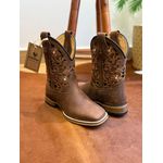 BOTA TEXANA CANO CAPOTINHA EM COURO MARROM BORDADO LARANJA METAIS STRASS SOLADO DE MADEIRA