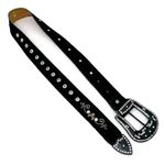 CINTO EM COURO PRETO BORDADO FLORES BEGE COM STRASS