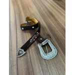 CINTO EM COURO HORSE NESCAU BORDADO FLORES ROSA COM STRASS