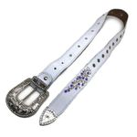 CINTO EM COURO BRANCO BORDADO FLORES ROXO COM STRASS 
