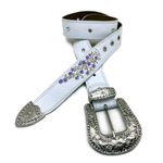 CINTO EM COURO BRANCO BORDADO FLORES ROXO COM STRASS 