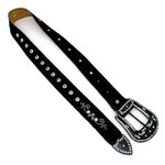 COMBO BOTINA + CINTO EM COURO PRETO BORDADO FLORES COM STRASS 