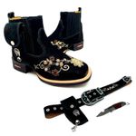 COMBO BOTINA + CINTO EM COURO NOBUCK PRETO BORDADO FLORES + BAINHA + CANIVETE