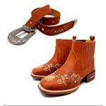 COMBO BOTINA + CINTO EM COURO HORSE TELHA BORDADO FLORES COM STRASS 