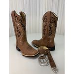 COMBO BOTA TEXANA + CINTO EM COURO BORDADO TRIBAL
