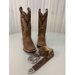 COMBO BOTA TEXANA + CINTO EM COURO BORDADO TRIBAL