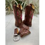 COMBO BOTA TEXANA + CINTO EM COURO BORDADO FLORES ROSA