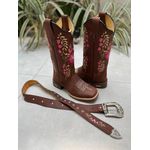 COMBO BOTA TEXANA + CINTO EM COURO BORDADO FLORES ROSA