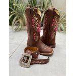 COMBO BOTA TEXANA + CINTO EM COURO BORDADO FLORES ROSA