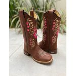 COMBO BOTA TEXANA + CINTO EM COURO BORDADO FLORES ROSA