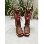 COMBO BOTA TEXANA + CINTO EM COURO BORDADO FLORES ROSA
