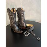 COMBO BOTA TEXANA LASER COM METAIS BICO FINO + CINTO EM COURO PRETO COM NOME PERSONALIZADO