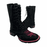 COTURNO COUNTRY EM COURO PRETO BORDADO ROSA + VIRA ROSA + FRANJA