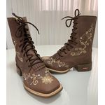 KIT COTURNO COUNTRY EM COURO MARROM BORDADO FLORES + CINTO EM COURO 